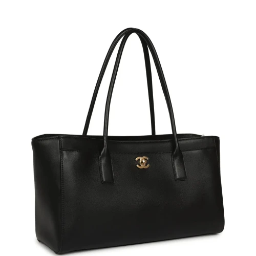 Calfskin & Gold-Tone Metal Black Small Shopping Bag