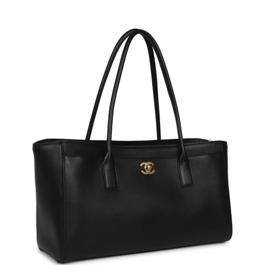 Calfskin & Gold-Tone Metal Black Small Shopping Bag