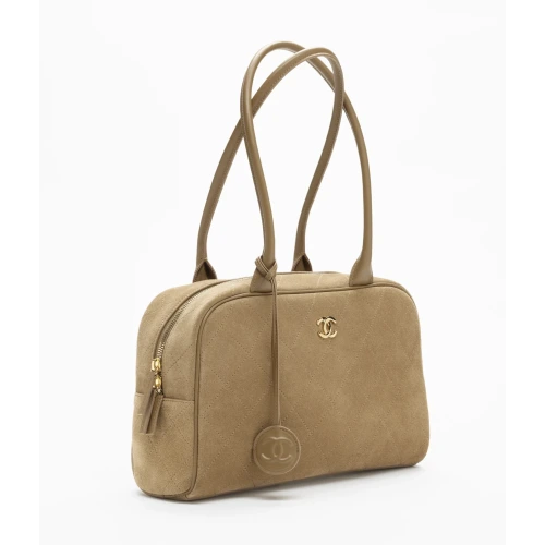 Calfskin & Gold-Tone Metal Dark Beige Large Bowling Bag