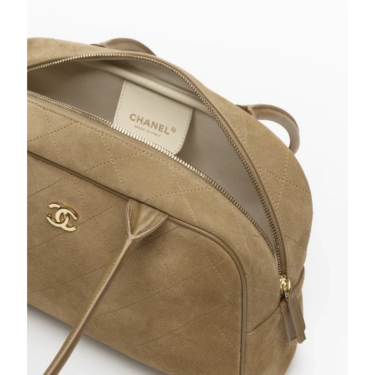 Calfskin & Gold-Tone Metal Dark Beige Large Bowling Bag