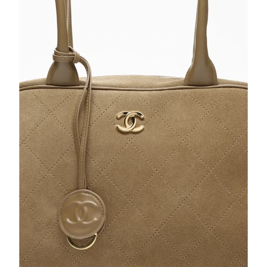 Calfskin & Gold-Tone Metal Dark Beige Large Bowling Bag