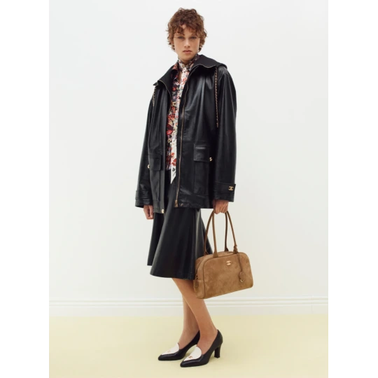 Calfskin & Gold-Tone Metal Dark Beige Large Bowling Bag