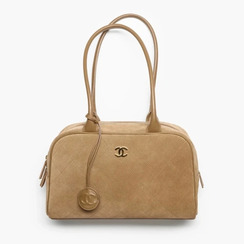 Calfskin & Gold-Tone Metal Dark Beige Large Bowling Bag