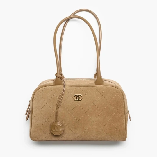 Calfskin & Gold-Tone Metal Dark Beige Large Bowling Bag