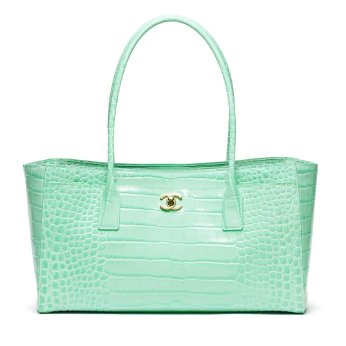 Crocodile Embossed Calfskin Gold-Tone Green Tote Bag