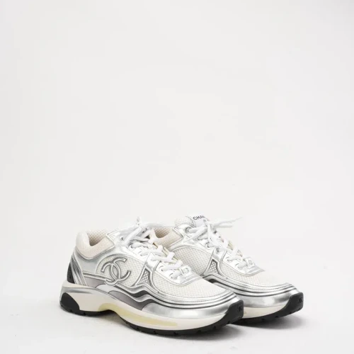 Fabric, laminated calfskin & calfskin, silver, white & black Trainers