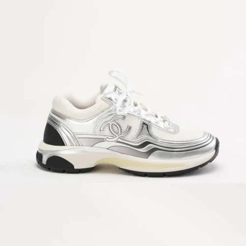 Fabric, laminated calfskin & calfskin, silver, white & black Trainers