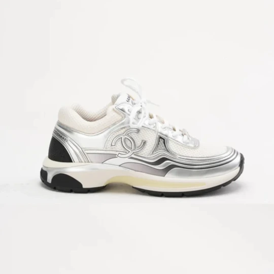 Fabric, laminated calfskin & calfskin, silver, white & black Trainers