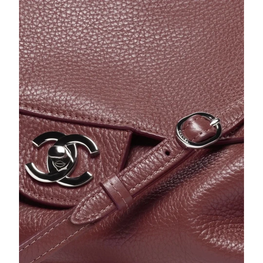 Grained Calfskin & Silver Metal Dark Burgundy Maxi Flap Bag