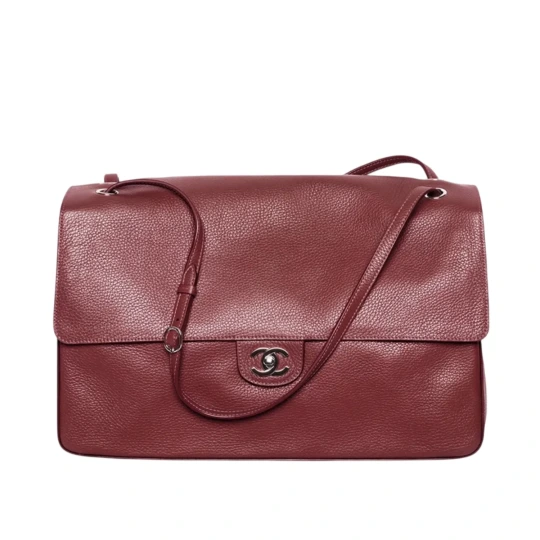 Grained Calfskin & Silver Metal Dark Burgundy Maxi Flap Bag