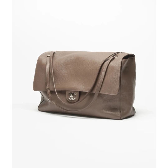 Grained Calfskin & Silver Metal Light Brown Maxi Flap Bag