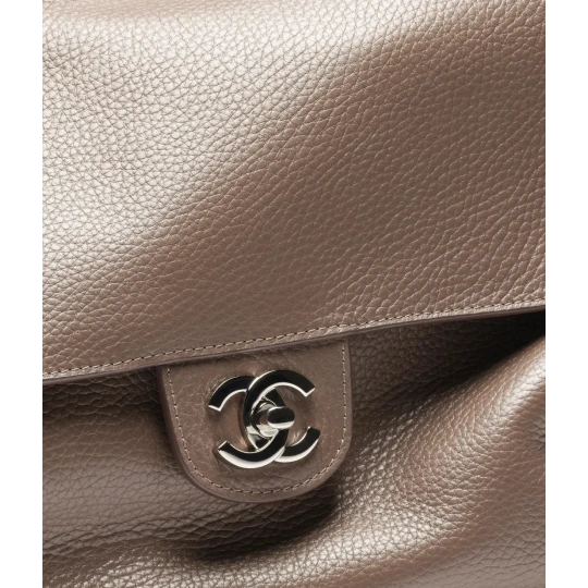 Grained Calfskin & Silver Metal Light Brown Maxi Flap Bag