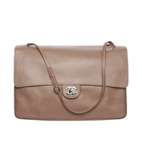 Grained Calfskin & Silver Metal Light Brown Maxi Flap Bag