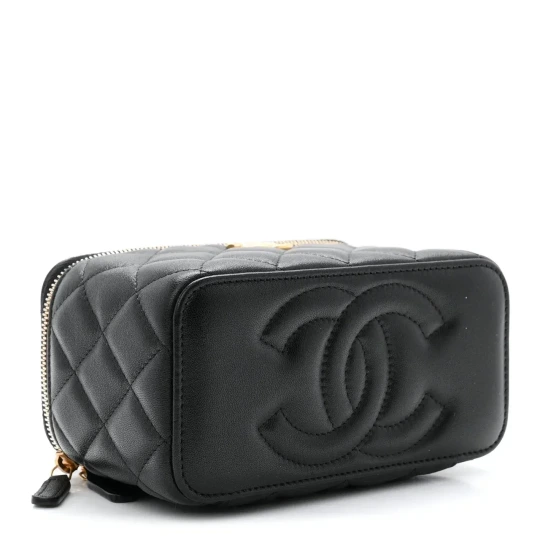 Lambskin Quilted Small Heart Vanity Case With Chain Black Bag