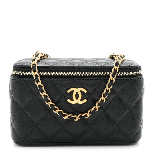 Lambskin Quilted Small Heart Vanity Case With Chain Black Bag