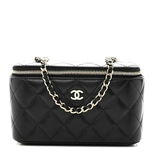 Lambskin Quilted Small Vanity Case With Chain Black Bag