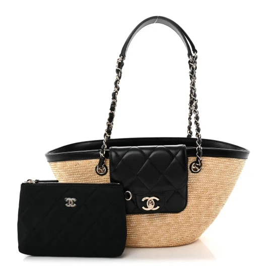 Raffia Braided Lambskin Small Shopping Tote Beige Black Bag