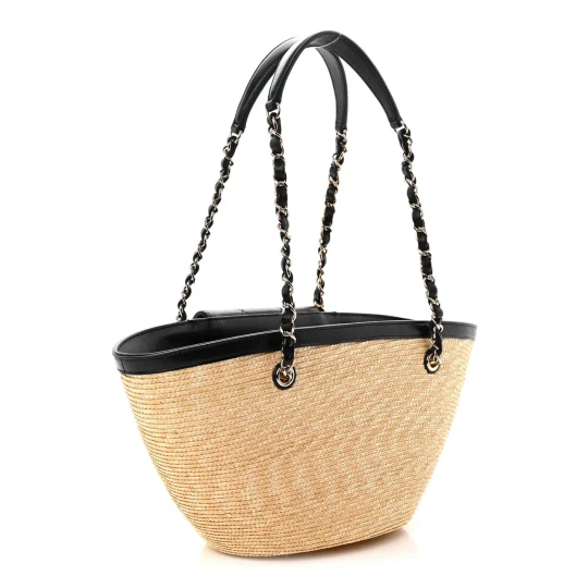 Raffia Braided Lambskin Small Shopping Tote Beige Black Bag