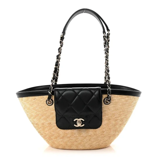 Raffia Braided Lambskin Small Shopping Tote Beige Black Bag