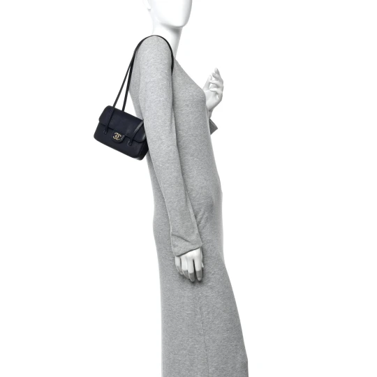 Shiny Caviar Mini Preppy Coco Shoulder Bag Dark Blue