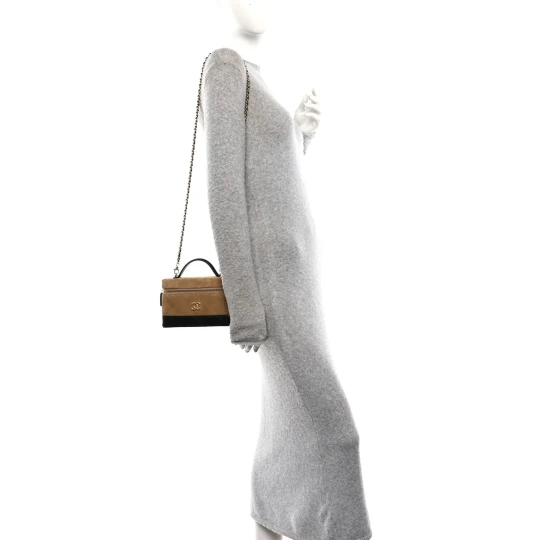 Suede & Lambskin Top Handle Slim Vanity Case Bag