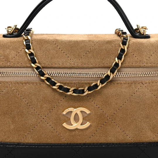 Suede & Lambskin Top Handle Slim Vanity Case Bag
