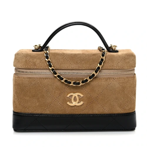 Suede & Lambskin Top Handle Slim Vanity Case Bag