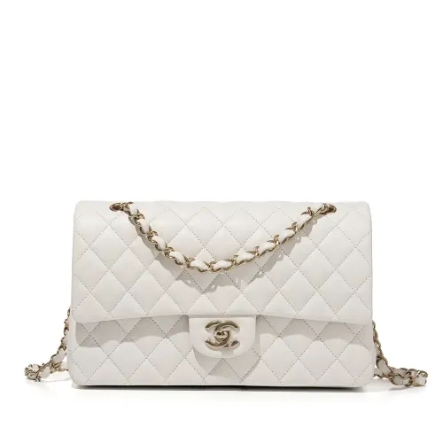 White Quilted Caviar Classic Medium Double Flap Bag