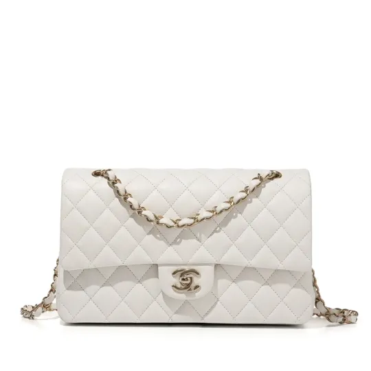 White Quilted Caviar Classic Medium Double Flap Bag