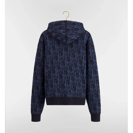 Navy Blue Oblique Wool-Blend Hoodie