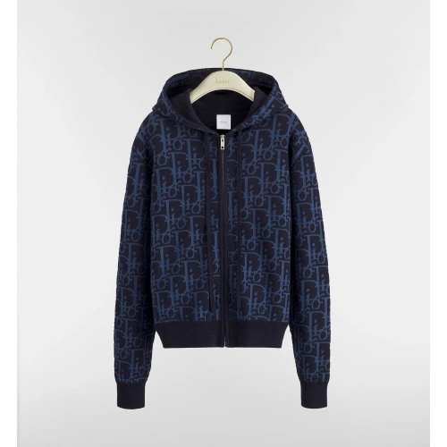 Navy Blue Oblique Wool-Blend Hoodie