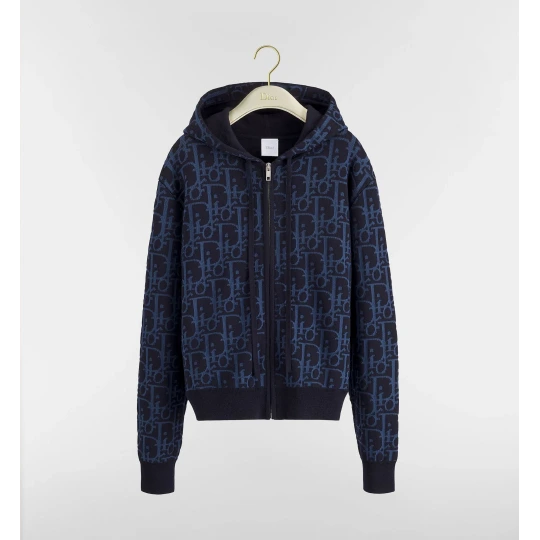 Navy Blue Oblique Wool-Blend Hoodie