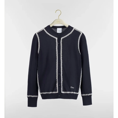 Cardigan Navy Blue Silk Knit and White Lace