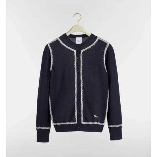 Cardigan Navy Blue Silk Knit and White Lace