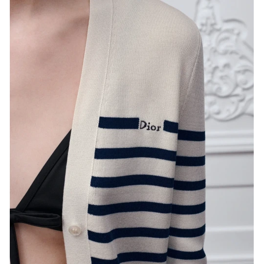Dioriviera Dior Marinière Cardigan Ecru and Navy Blue Silk and Cotton Knit