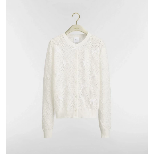 Dioriviera Embroidered Cardigan Ecru Openwork Cotton Knit