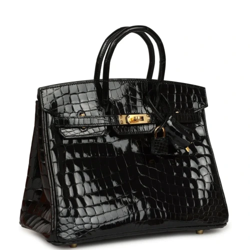 Birkin 25 Black Shiny Niloticus Crocodile Gold Hardware