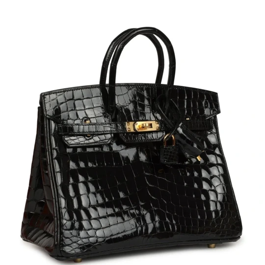 Birkin 25 Black Shiny Niloticus Crocodile Gold Hardware