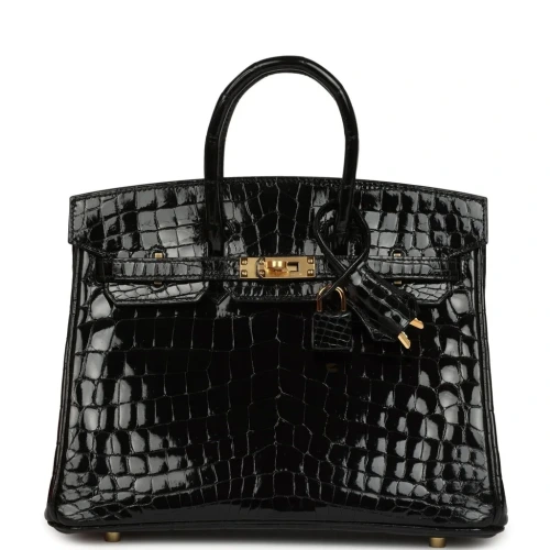 Birkin 25 Black Shiny Niloticus Crocodile Gold Hardware