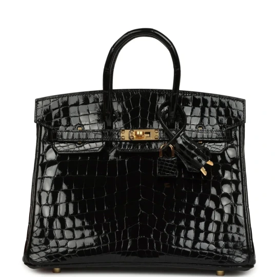 Birkin 25 Black Shiny Niloticus Crocodile Gold Hardware