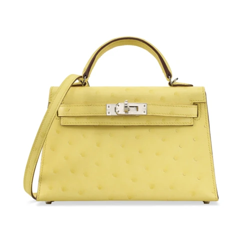 Mini Kelly 20 Jaune Citron Ostrich With Silver Hardware