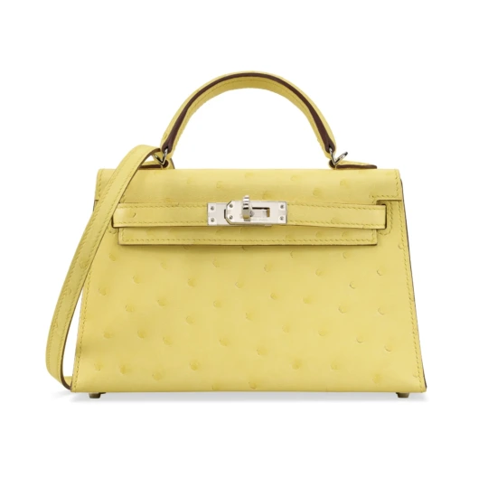 Mini Kelly 20 Jaune Citron Ostrich With Silver Hardware