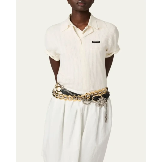 Cashmere-Silk Pointelle Knit Short-Sleeve Polo Top