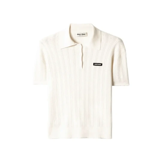 Cashmere-Silk Pointelle Knit Short-Sleeve Polo Top