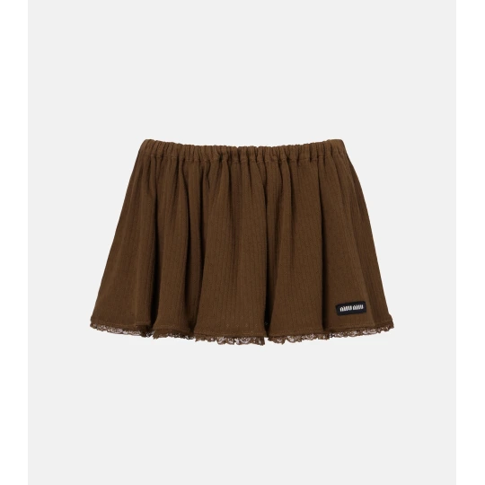 Lace-trimmed pointelle cotton miniskirt