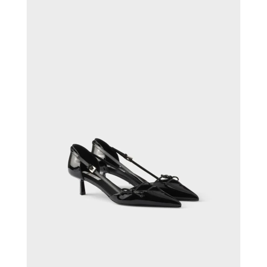 Open side patent leather pumps